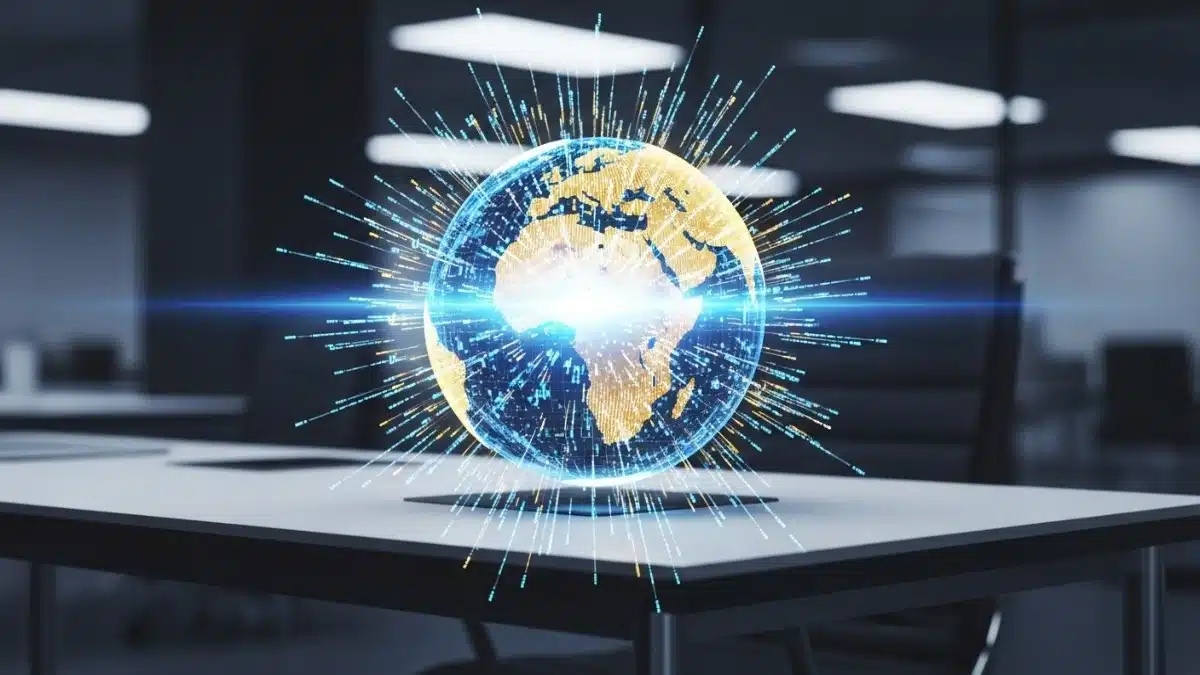 Photo réaliste d’un globe entouré de flux numériques représentant la blockchain RWA.