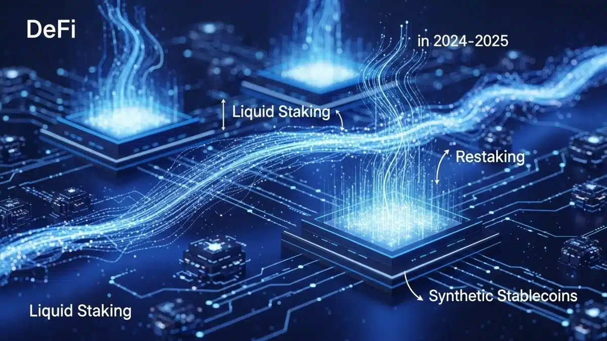 Illustration montrant les innovations DeFi 2.0 comme le liquid staking, le restaking et les DEX parallélisés.