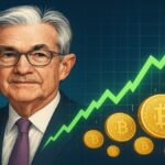 Jerome Powell (Fed) et un graphique haussier du Bitcoin, illustrant l'impact de la fin du resserrement quantitatif sur le marché crypto.