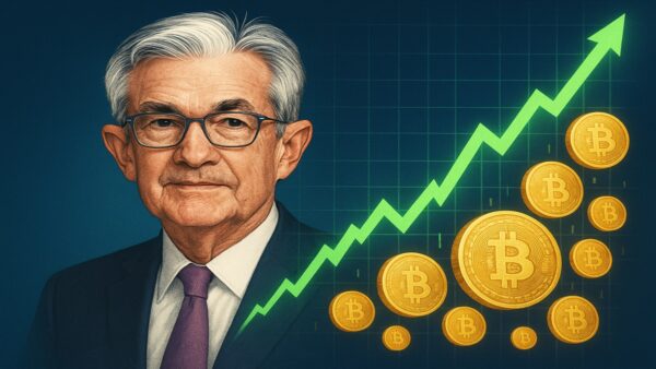 Jerome Powell (Fed) et un graphique haussier du Bitcoin, illustrant l'impact de la fin du resserrement quantitatif sur le marché crypto.