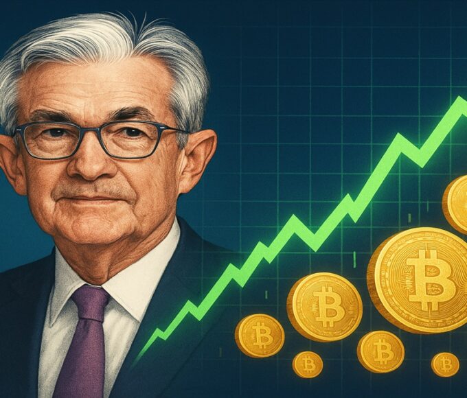 Jerome Powell (Fed) et un graphique haussier du Bitcoin, illustrant l'impact de la fin du resserrement quantitatif sur le marché crypto.