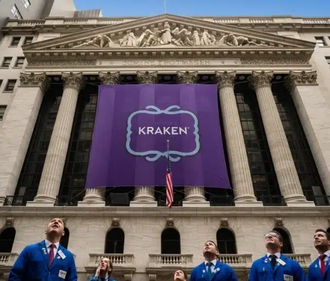 La bannière de l'échange crypto Kraken déployée sur la façade de Wall Street pour son introduction en bourse.