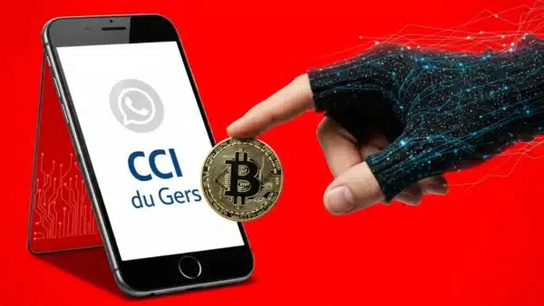 Smartphone avec une fausse conversation WhatsApp au nom de la CCI du Gers.