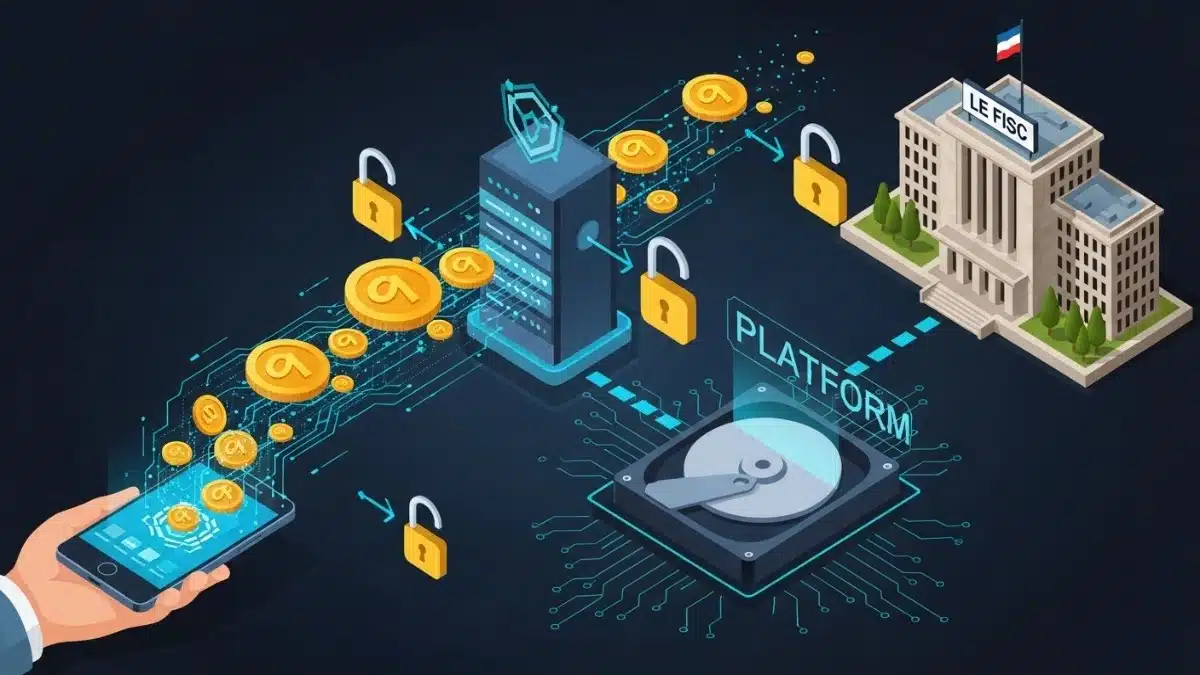 Une illustration isométrique de cybersécurité. Un flux de données numériques (des pièces d'or binaires) part d'un smartphone (l'utilisateur) pour aller vers un serveur centralisé (la plateforme)