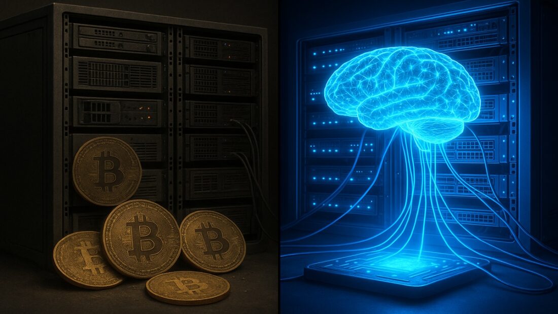 Transformation d'une ferme de minage Bitcoin en centre de données pour l'IA, illustrant le pivot stratégique du secteur.