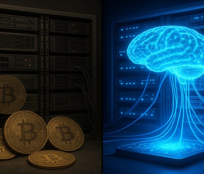 Transformation d'une ferme de minage Bitcoin en centre de données pour l'IA, illustrant le pivot stratégique du secteur.