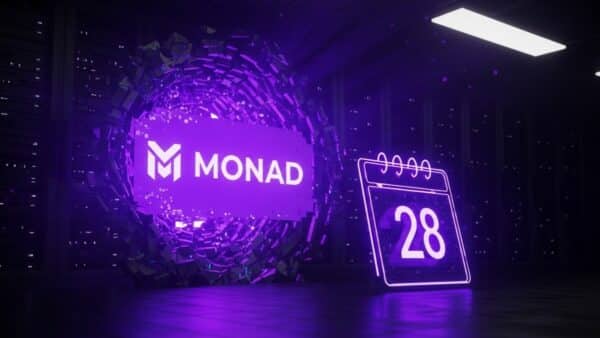 Logo Monad émergeant d'un serveur, illustrant la fuite de la date de lancement du mainnet sur GitHub.