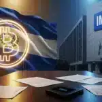 Drapeau du Salvador fusionné avec un logo Bitcoin face au sigle du FMI, illustrant les négociations économiques en cours.