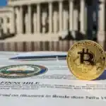 Une pièce Bitcoin physique posée sur un document officiel d'obligation municipale du New Hampshire, illustrant la première émission de dette garantie par crypto aux USA.