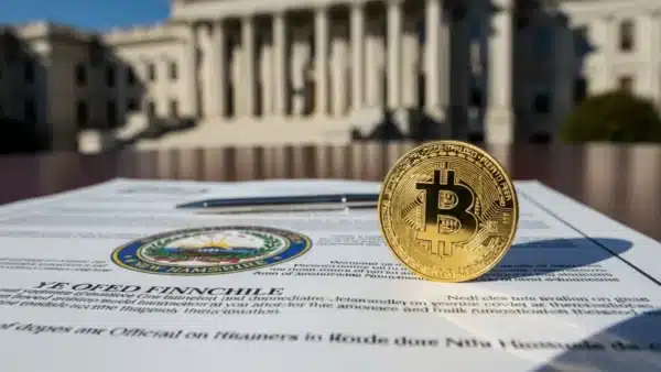 Une pièce Bitcoin physique posée sur un document officiel d'obligation municipale du New Hampshire, illustrant la première émission de dette garantie par crypto aux USA.