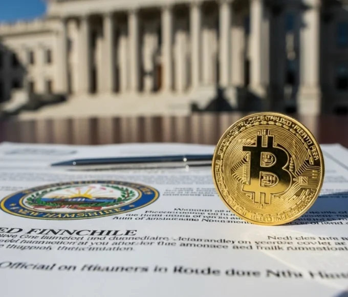 Une pièce Bitcoin physique posée sur un document officiel d'obligation municipale du New Hampshire, illustrant la première émission de dette garantie par crypto aux USA.