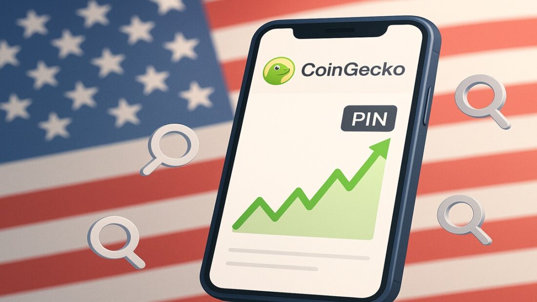 Smartphone affichant la popularité de la crypto PinLink (PIN) sur CoinGecko avec un drapeau américain, illustrant la tendance aux USA.
