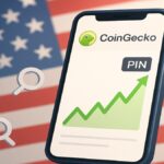 Smartphone affichant la popularité de la crypto PinLink (PIN) sur CoinGecko avec un drapeau américain, illustrant la tendance aux USA.