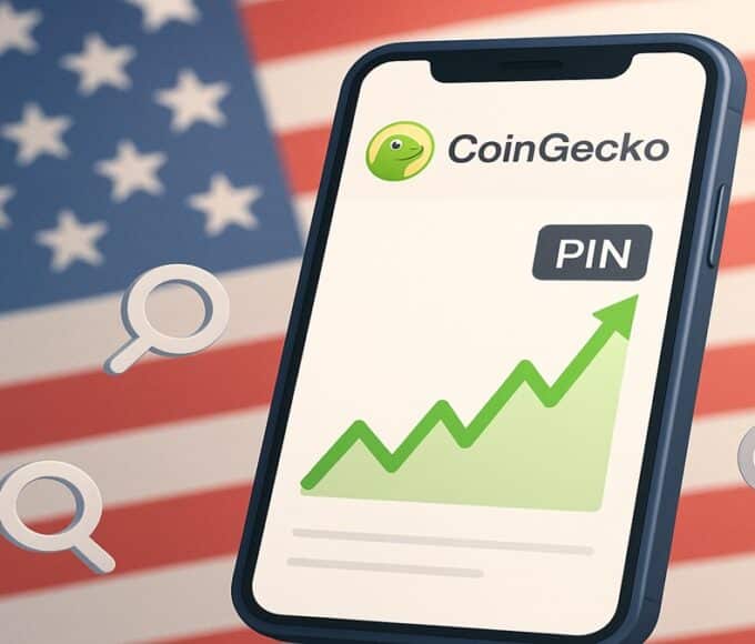 Smartphone affichant la popularité de la crypto PinLink (PIN) sur CoinGecko avec un drapeau américain, illustrant la tendance aux USA.