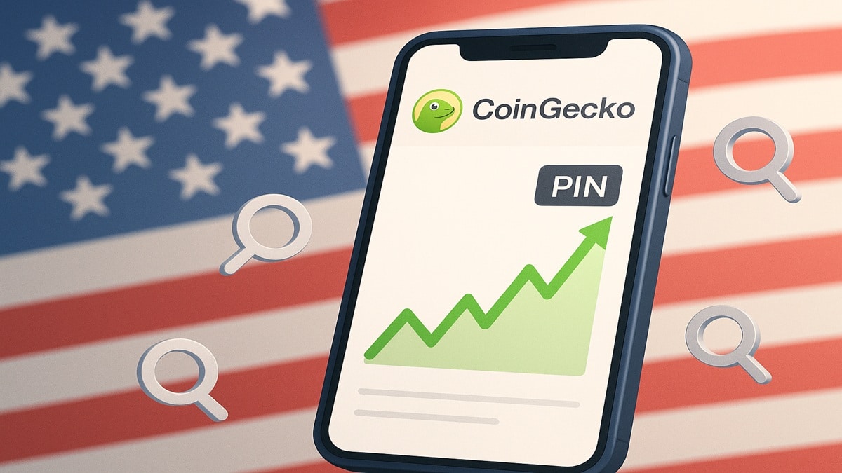 Smartphone affichant la popularité de la crypto PinLink (PIN) sur CoinGecko avec un drapeau américain, illustrant la tendance aux USA.