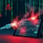 Illustration symbolique d'un smartphone affichant l'application Polymarket avec un cadenas numérique brisé et des fonds cryptos qui s'évaporent.