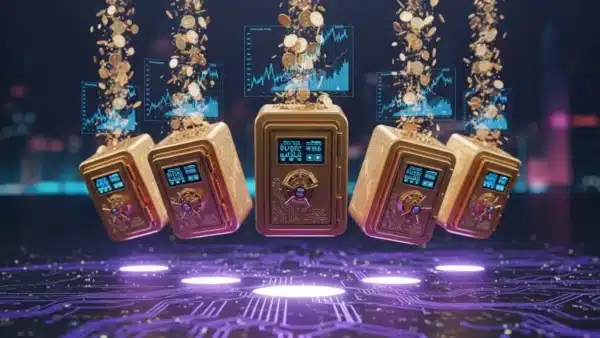Cinq coffres-forts numériques dorés sur la blockchain Solana, illustrant les nouveaux Nest Vaults RWA de Plume.