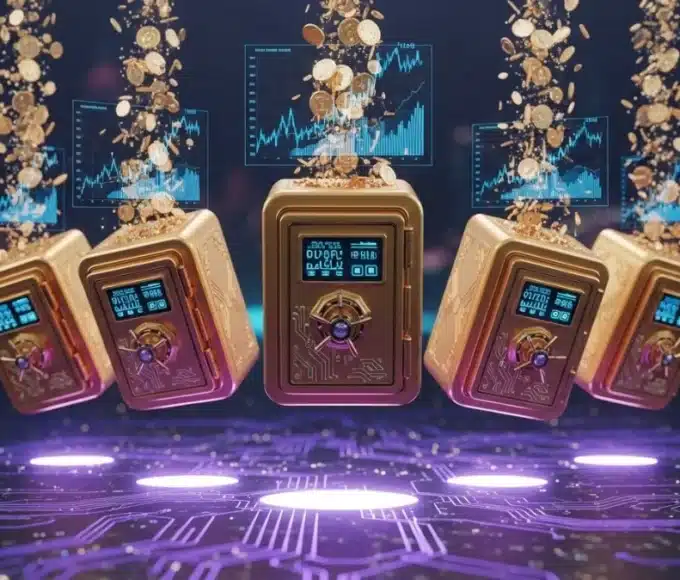 Cinq coffres-forts numériques dorés sur la blockchain Solana, illustrant les nouveaux Nest Vaults RWA de Plume.