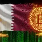 Drapeau du Qatar fusionnant avec le logo Bitcoin, illustrant l'investissement de 50 milliards de dollars du fonds souverain.