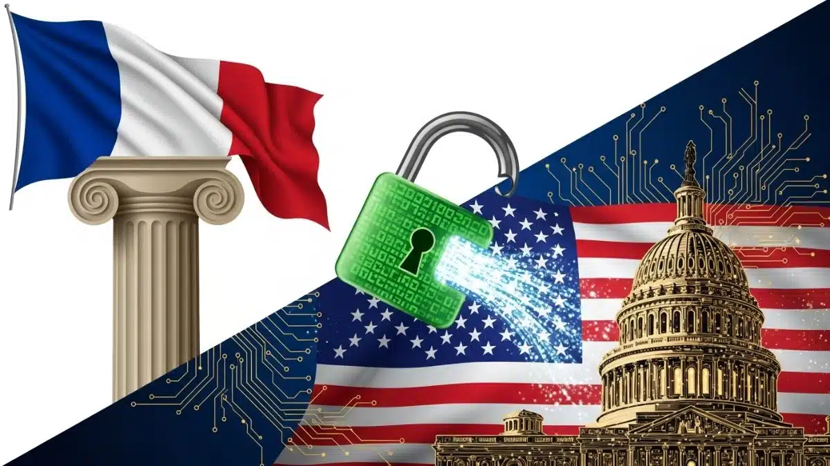 Illustration symbolisant l'ouverture réglementaire crypto en France (AMF) et aux USA (SEC).