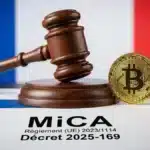 Illustration symbolisant le durcissement de la régulation des préventes crypto en France avec l'arrivée du décret 2025-169.