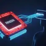 Puce graphique Render connectée à des lunettes de réalité mixte, illustrant la rumeur de partenariat avec Apple.