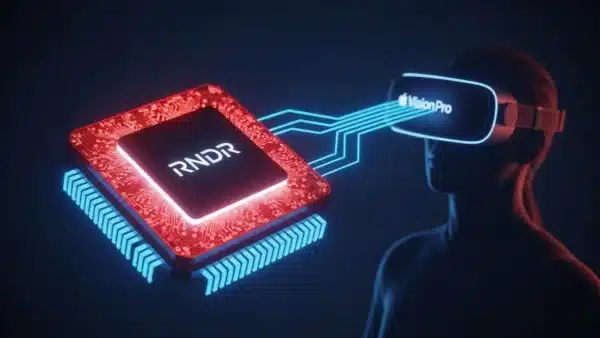Puce graphique Render connectée à des lunettes de réalité mixte, illustrant la rumeur de partenariat avec Apple.