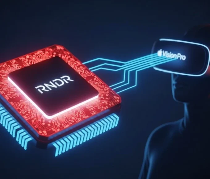 Puce graphique Render connectée à des lunettes de réalité mixte, illustrant la rumeur de partenariat avec Apple.