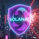 Bouclier numérique représentant la résistance de la blockchain Solana face à une attaque DDoS massive.