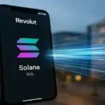 Interface de l'application Revolut affichant le logo Solana, illustrant l'intégration des paiements et du staking pour 65 millions d'utilisateurs.