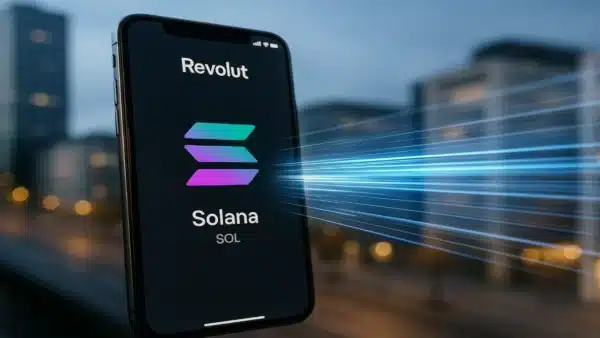 Interface de l'application Revolut affichant le logo Solana, illustrant l'intégration des paiements et du staking pour 65 millions d'utilisateurs.