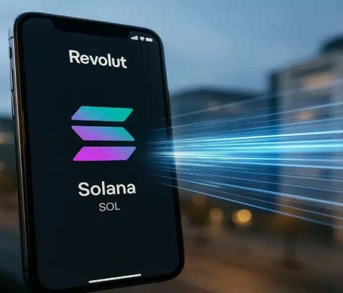 Interface de l'application Revolut affichant le logo Solana, illustrant l'intégration des paiements et du staking pour 65 millions d'utilisateurs.