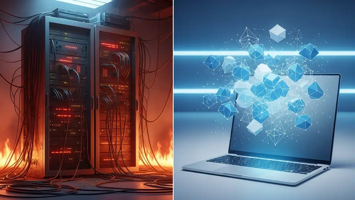 Une illustration 3D split-screen (écran divisé) des système merkles et verkle