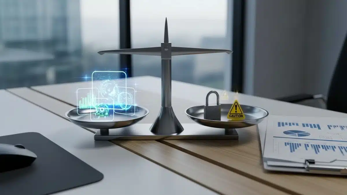 Photo réaliste d’une balance opposant jetons numériques et symboles de risques des RWA.