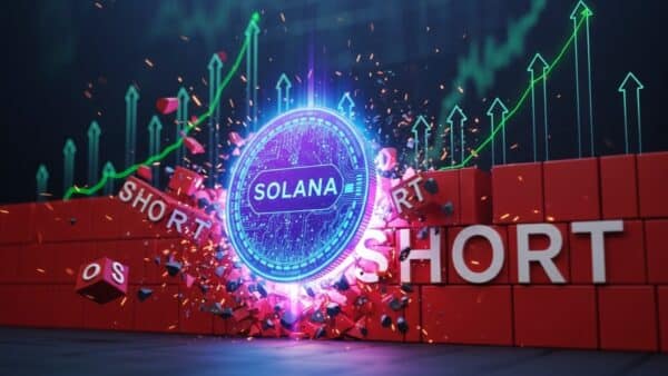 Illustration de la cryptomonnaie Solana brisant une résistance et liquidant les positions vendeuses avec un record de 19 000% de déséquilibre.
