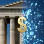 Fusion visuelle entre une banque traditionnelle et la blockchain, illustrant la convergence des stablecoins et des RWA.