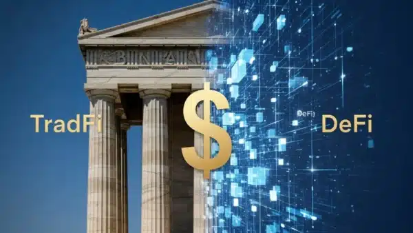 Fusion visuelle entre une banque traditionnelle et la blockchain, illustrant la convergence des stablecoins et des RWA.