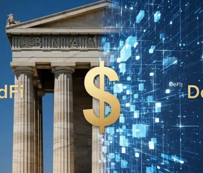 Fusion visuelle entre une banque traditionnelle et la blockchain, illustrant la convergence des stablecoins et des RWA.