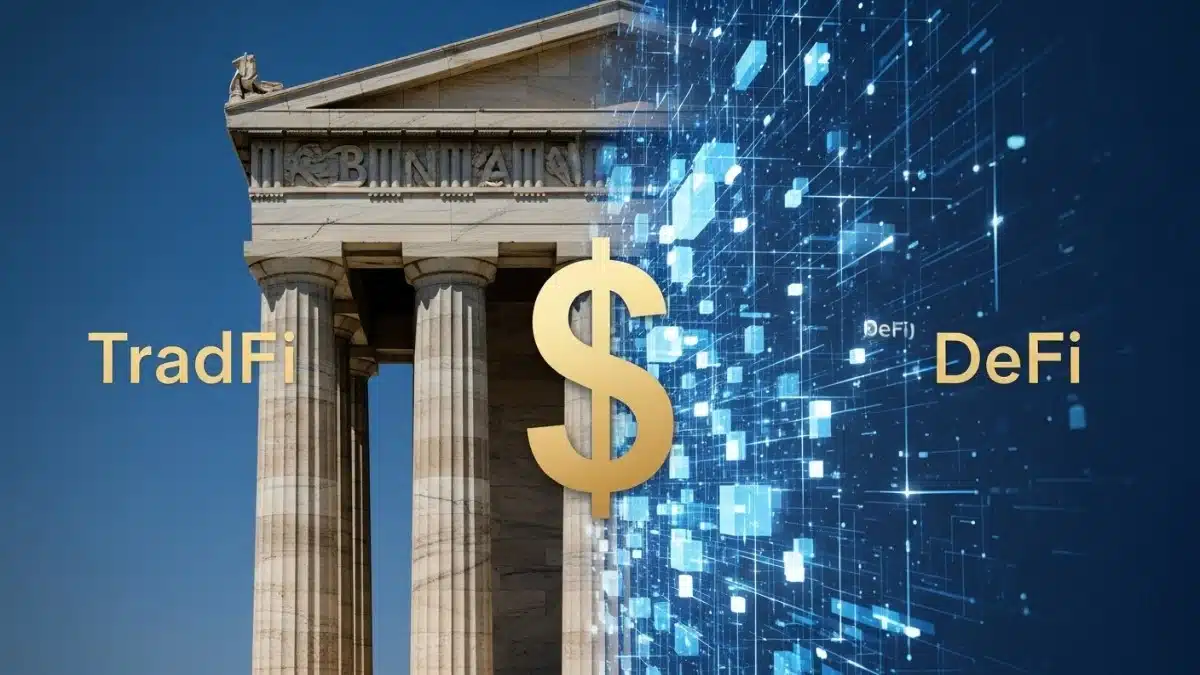 Fusion visuelle entre une banque traditionnelle et la blockchain, illustrant la convergence des stablecoins et des RWA.