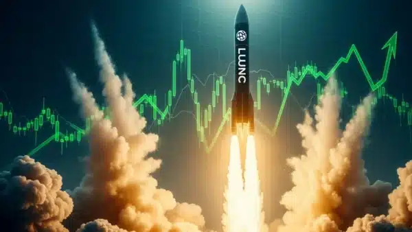 Fusée avec le logo LUNC décollant verticalement, illustrant la hausse de 90% du Terra Luna Classic.