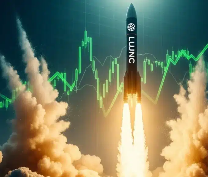 Fusée avec le logo LUNC décollant verticalement, illustrant la hausse de 90% du Terra Luna Classic.