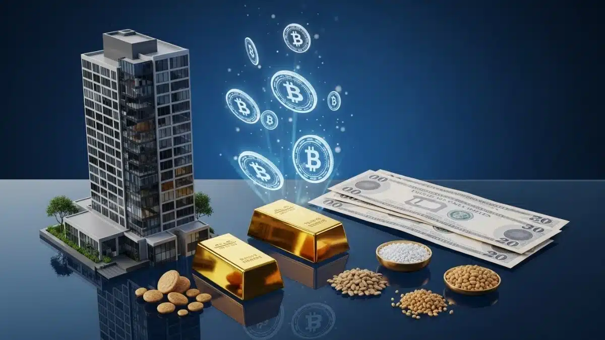 Photo réaliste montrant des actifs réels convertis en jetons numériques sur une blockchain.