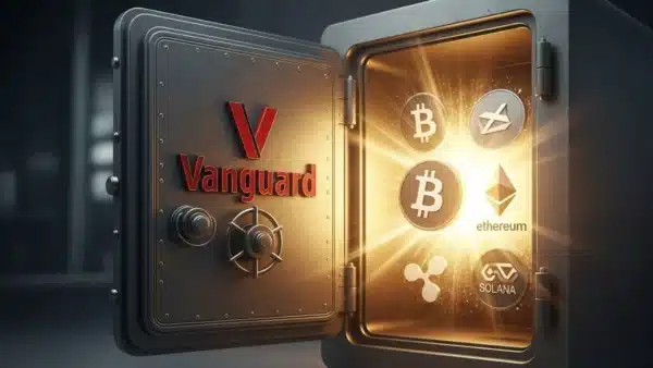 Le coffre-fort de Vanguard s'ouvre sur les cryptomonnaies Bitcoin, Ethereum, XRP et Solana, illustrant le revirement historique du gestionnaire d'actifs.