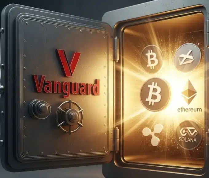 Le coffre-fort de Vanguard s'ouvre sur les cryptomonnaies Bitcoin, Ethereum, XRP et Solana, illustrant le revirement historique du gestionnaire d'actifs.