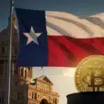 Le drapeau du Texas et une pièce Bitcoin en or, illustrant le premier investissement d'un État américain dans la crypto via un ETF.