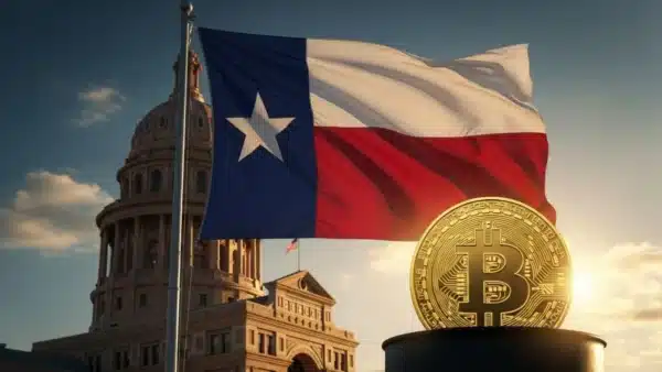 Le drapeau du Texas et une pièce Bitcoin en or, illustrant le premier investissement d'un État américain dans la crypto via un ETF.