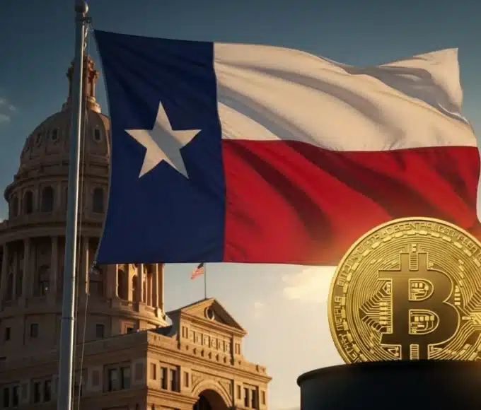 Le drapeau du Texas et une pièce Bitcoin en or, illustrant le premier investissement d'un État américain dans la crypto via un ETF.