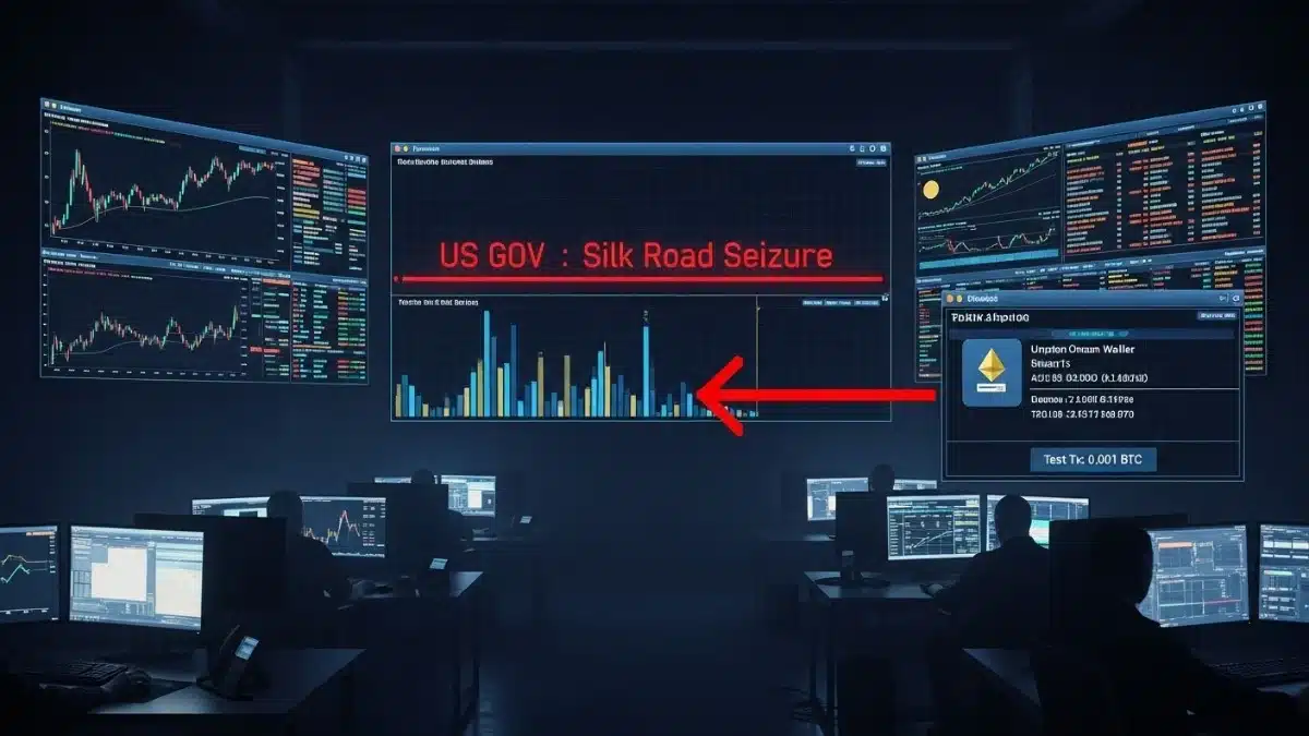 Une interface de surveillance blockchain sombre (style Arkham Intelligence). Au centre, une ligne rouge clignote : "US GOV : Silk Road Seizure". Une flèche part vers un portefeuille inconnu avec la mention "Test Tx: 0.001 BTC". Ambiance salle de marché sous tension.