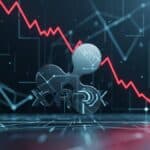 Logo XRP devant un graphique rouge en forte baisse illustrant la chute du cours vers 1 dollar