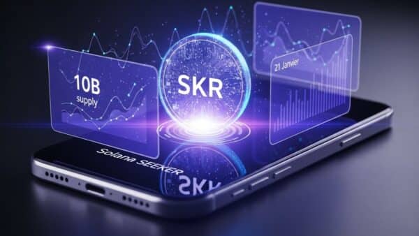 Illustration du lancement du jeton SKR de Solana Mobile avec un airdrop prévu le 21 janvier et une offre totale de 10 milliards de jetons.